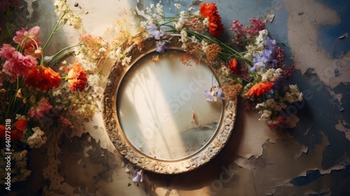 A mirror and some flowers on a wall