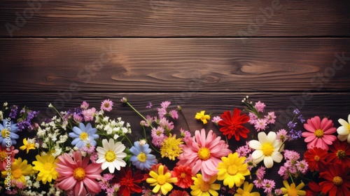 A bunch of colorful flowers on a wooden surface