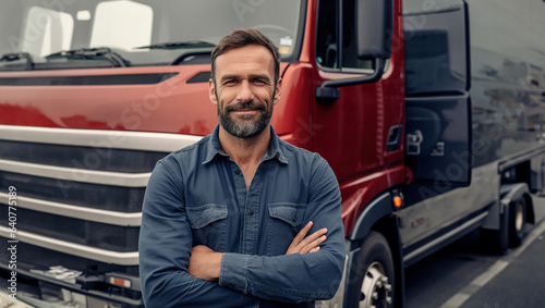 Mature male truck driver with crossed hands posing in front of his lorry truck.