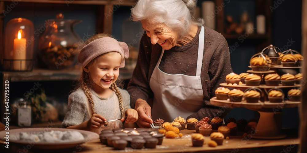 Smiling grandmother and her cute granddaughter cooking homemade cookies together at home.Concept of family, spending time together, grandparent and grandchild. Smiling grandmother and her cute granddaughter cooking homemade cookies together at home.Concept of family, spending time together, grandparent and grandchild.