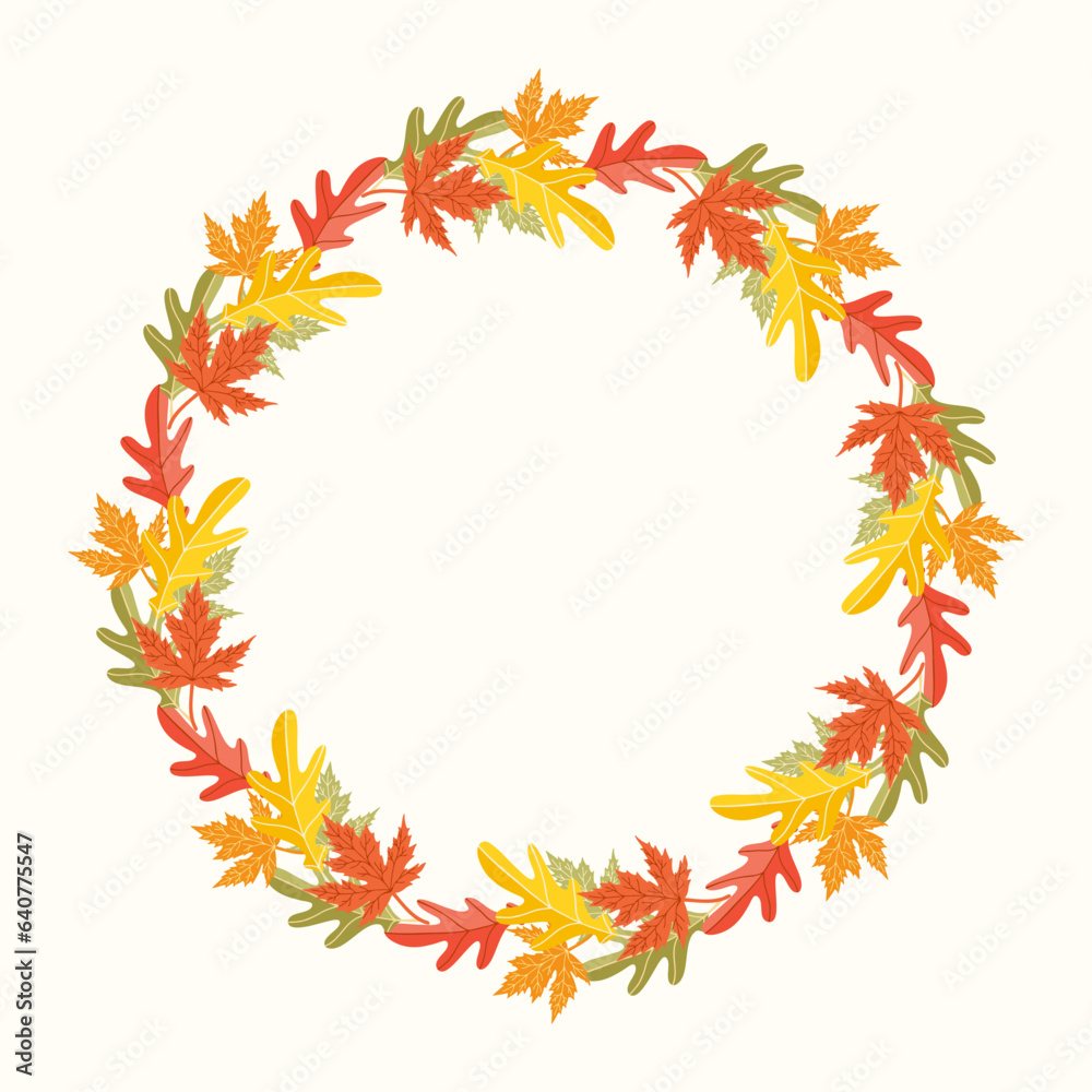 Clip art of hand drawn wreath of Autumn leaves on isolated background. Warm background for Autumn harvest, Thanksgiving, Halloween and seasonal celebration, textile, scrapbooking.