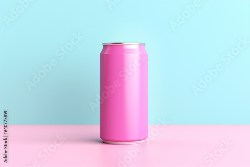 Falling pink aluminum soda cans isolated over minimal blue background. Mockup template. AI generated