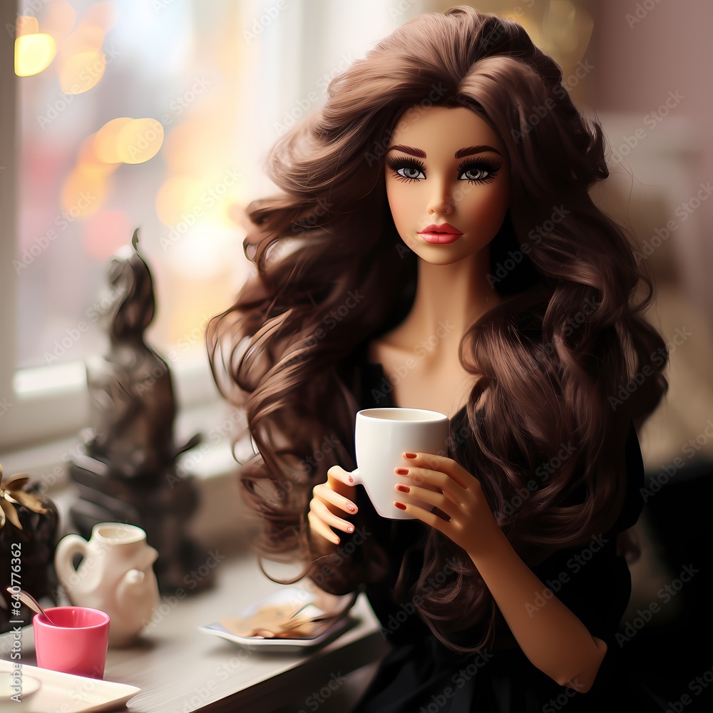 Doll with a cup of coffee in her hands Doll with a cup of coffee in her hands