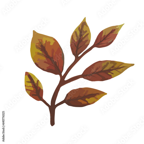 Hand drawn yellow and orange tree twig with leaves isolated on white background.