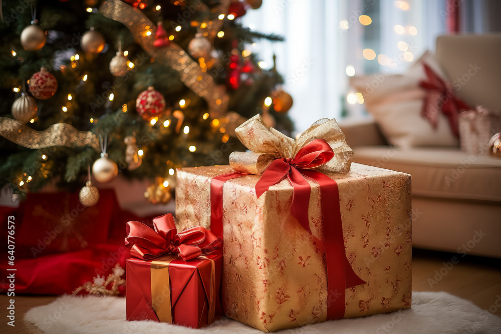 An elegantly wrapped present nestled beneath the festive Christmas tree 