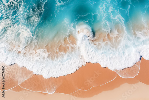 Abstract aerial view of a sandy beach with light blue waves and sun perfect for summer vacation banners  © fotogurmespb