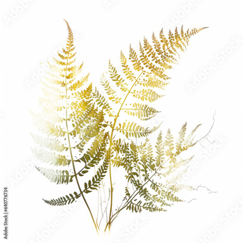 Ai Generated Art Watercolor Abstract Fern Leaves against White Background in Pastel Sage Green and Yellow Colors
