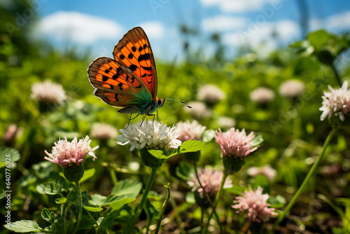 Clover and wildflowers blossom in a summer meadow while a scarce copper butterfly flutters above 