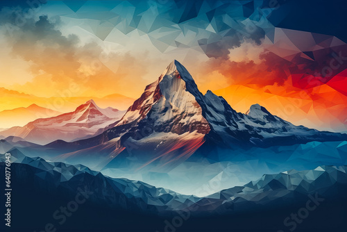 Colorful double exposure of mountains at sunrise displaying minimalist scenery enhanced with color gradients 