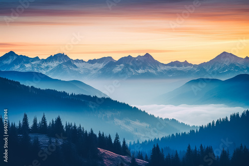 Colorful double exposure of mountains at sunrise displaying minimalist scenery enhanced with color gradients 