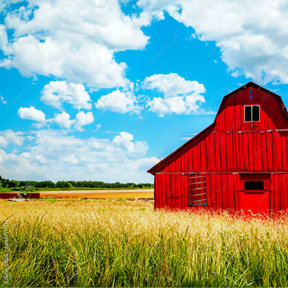 Realistic red barn in wheat field Realistic red barn in wheat field