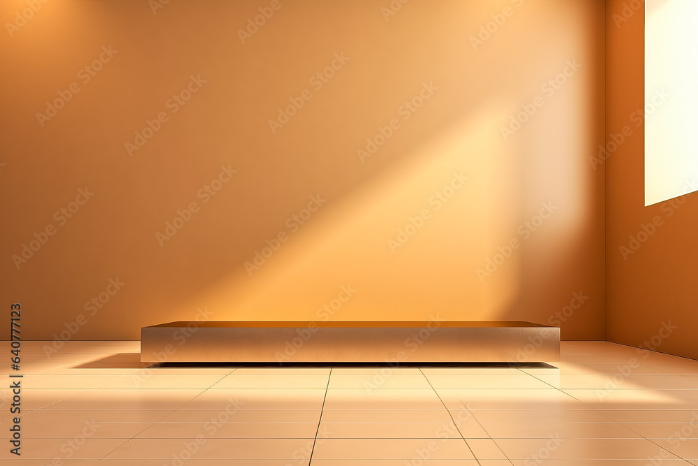 Minimalistic abstract light beige golden background for product presentation with incident light from window on wall and floor Minimalistic abstract light beige golden background for product presentation with incident light from window on wall and floor