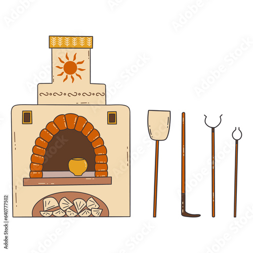 Russian stove with firewood and cast iron pot. Kitchen utensils, tong and poker. Old traditional Russian culture. Slavic symbols. Colorful vector isolated illustration hand drawn doodle