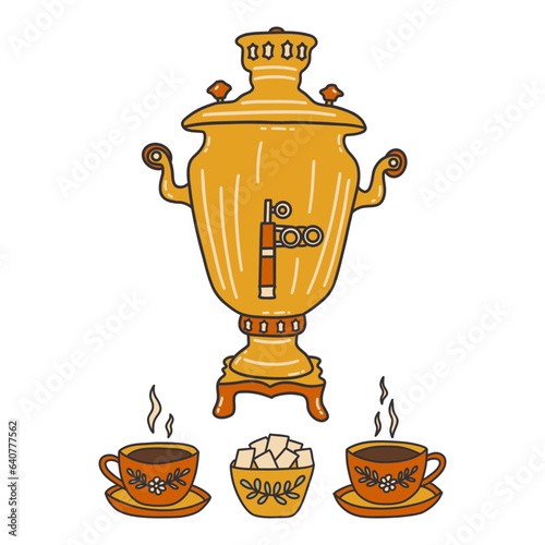 Gold samovar and two cups of tea with saucers, sugar bowl nearby, vintage crockery. Ancient traditional Russian culture of tea drinking. Colorful vector isolated illustration hand drawn doodle