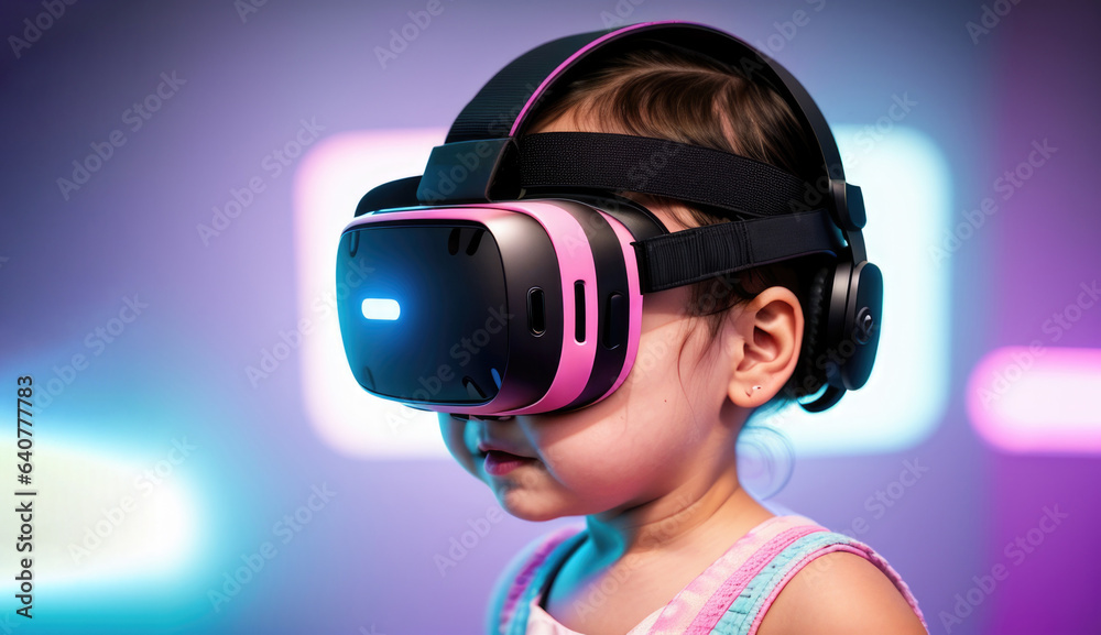 child in virtual helmet on neon background. generative ai child in virtual helmet on neon background. generative ai