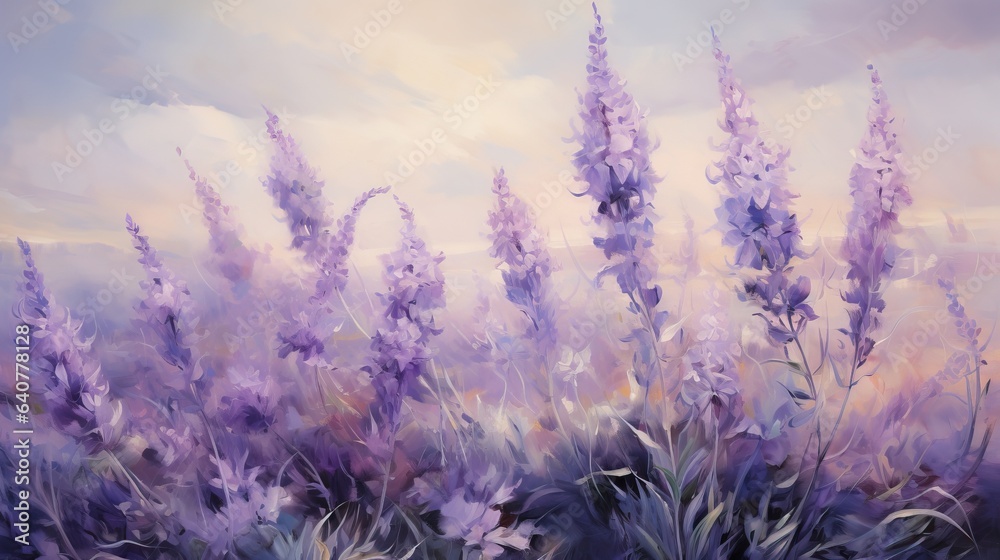 Naklejka premium a painting of purple flowers in the foreground with a cloudy sky in the background. generative ai