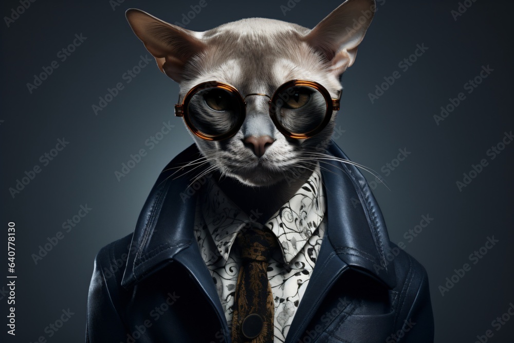 Funny animal cat fashion model wearing a modern outfit