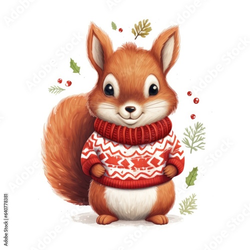 A cartoon squirrel wearing a sweater and a scarf. Digital image. © Friedbert