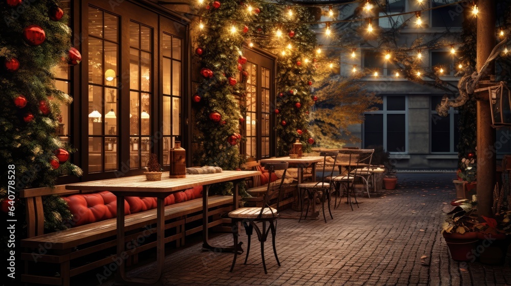 Cozy outdoor seating area with Christmas decorations