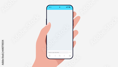 Mobile phone in left hand with empty blank web browser. Simple flat design vector illustration with light grey background