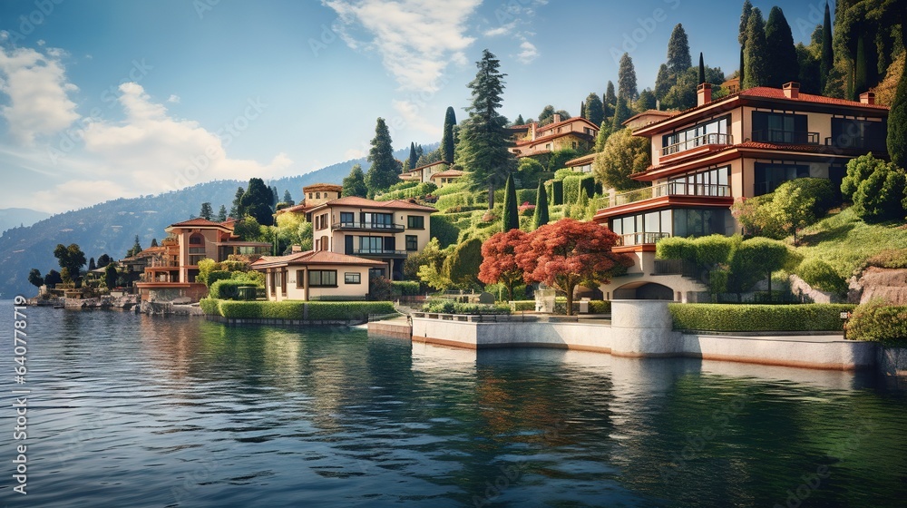 Obraz premium a large body of water with houses on a hill in the background. generative ai