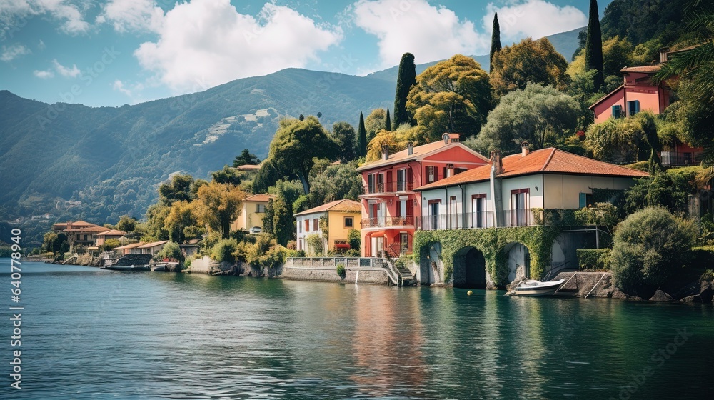Fototapeta premium a row of houses on the shore of a lake with mountains in the background. generative ai