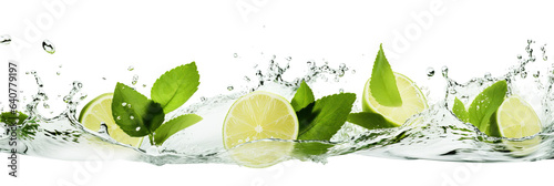 A slice of lime annd mint leaves falling into the water on white background. Panoramic banner image. © Friedbert