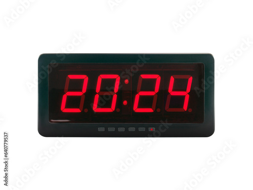 number 2024 illuminated on electric alarm clock display isolated on transparent, time for new year countdown