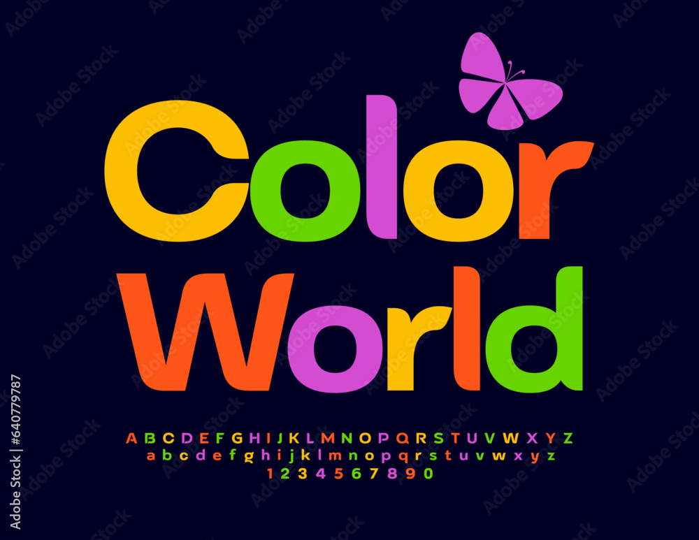 Fototapeta premium Vector bright Logo Color World. Kids Artistic Font. Creative Alphabet Letters, Numbers and Symbols with Font.