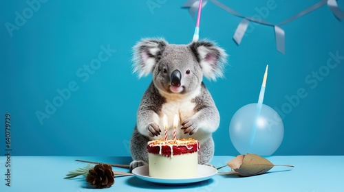  a koala bear sitting on a table with a birthday cake.  generative ai