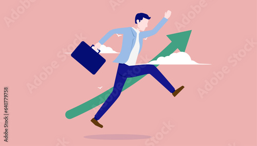 Successful businessman - Illustration of man having success jumping in front of green arrow pointing up. Business and career progress concept in flat design