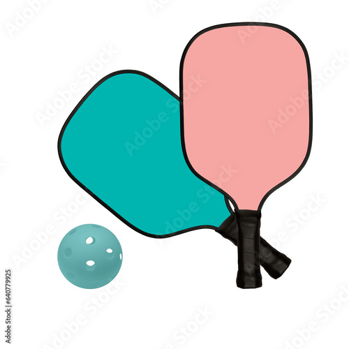 Pickleball ball and two rackets. Pickleball ball and two  rackets pink and light blue.  Mock-up.