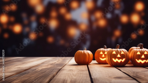 Halloween banner  wooden table with pumpkins and festive night background