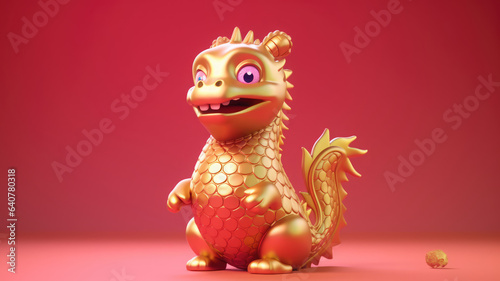 3d cute golden dragon character on blurred red background © ribelco