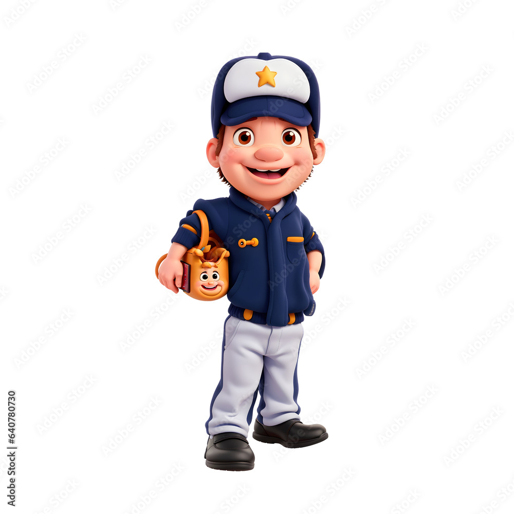 a cartoon character in a blue uniform holding a bag a cartoon character in a blue uniform holding a bag