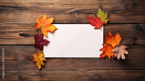 Blank mockup on a wooden table with autumn fall leaves. 