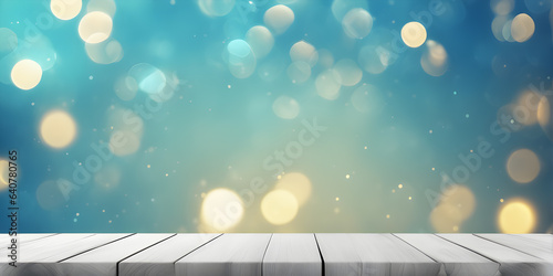 Wood stage special event and soft blur bokeh blue background empty space for product
