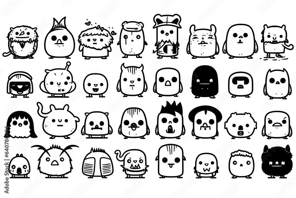 Black blank halloween drawings and icons with various expressions, mascot, vector, white background.
