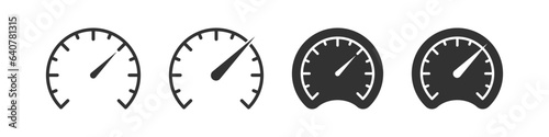 Speedometer icon. Speed signs. Tachometer symbol. Arrow gauge symbols. Car indicator icons. Black color. Vector isolated sign.