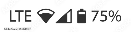 Mobile status bar icon. UI design signs. Battery life on the phone symbol. Wifi signal symbols. Network indicator LTE icons. Black color. Vector sign.