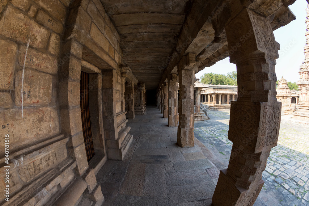 Pillared hall in Airavatesvara Temple, Darasuram, Tamil Nadu, India. One of Great Living Chola Temples - UNESCO World Heritage Site