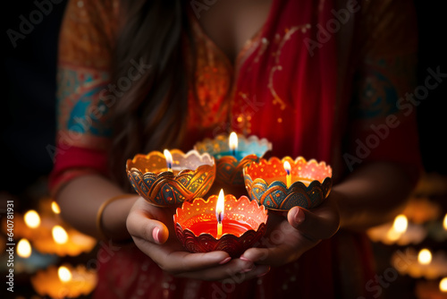 Indian Woman holding lit diya lamp in hands, closeup. Diwali celebration. 