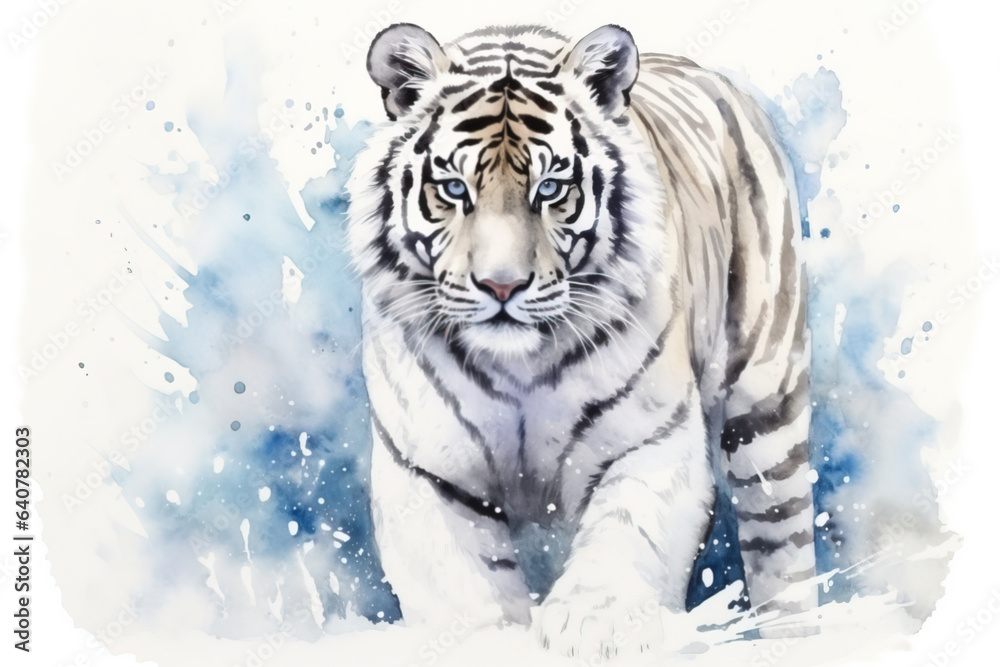 Obraz premium Watercolor portrait of a white tiger in the snow. Animal illustration. Generative AI.