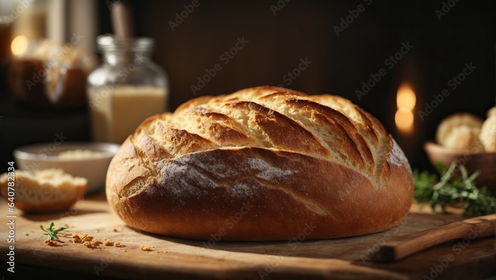 Homemade sourdough bread. Freshly baked until crispy. Ai generated.