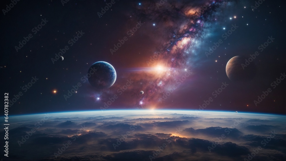 Deep space art. Nebulas, planets, galaxies and stars in beautiful composition. Awesome for wallpaper and print. Ai generated. Deep space art. Nebulas, planets, galaxies and stars in beautiful composition. Awesome for wallpaper and print. Ai generated.