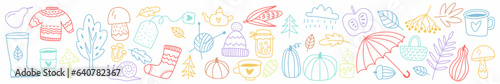 Vector collection of autumn elements and objects drawn by hand in the style of doodles.