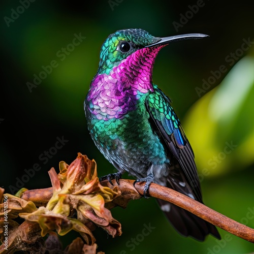 hummingbird bird sitting on a tree branch close-up, flowers, colorful background,
