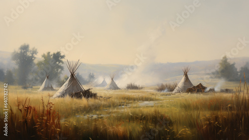 Tipis (also called teepees or tepees) which are Native American tents, grassland of the American west. Digital painting.