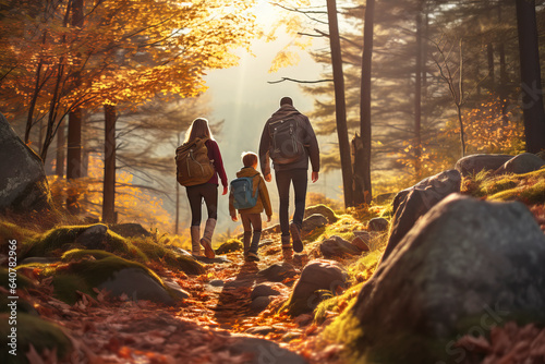 Foto Faceless family walking hike through colorful autumn forest