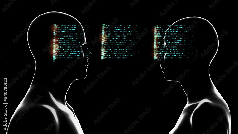 Telepathic communication between 2 people. Profiles of human male, female in telepathic communication.
Transfer of information, consciousness between two people. 3d illustration render - obrazy, fototapety, plakaty 